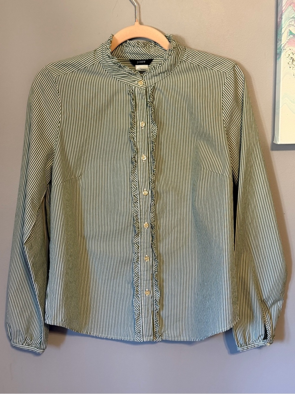 J. Crew Striped Ruffle Collar Button Down Shirt Green White Sz 8
